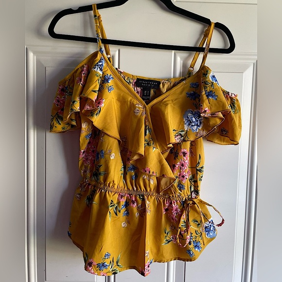 NWOT Golden Yellow Floral Spaghetti Strap V-Neck Ruffle Off The Shoulder Top - Picture 8 of 17